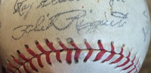 Phil Rizzuto's autograph on a ball belonging to my son Mike.